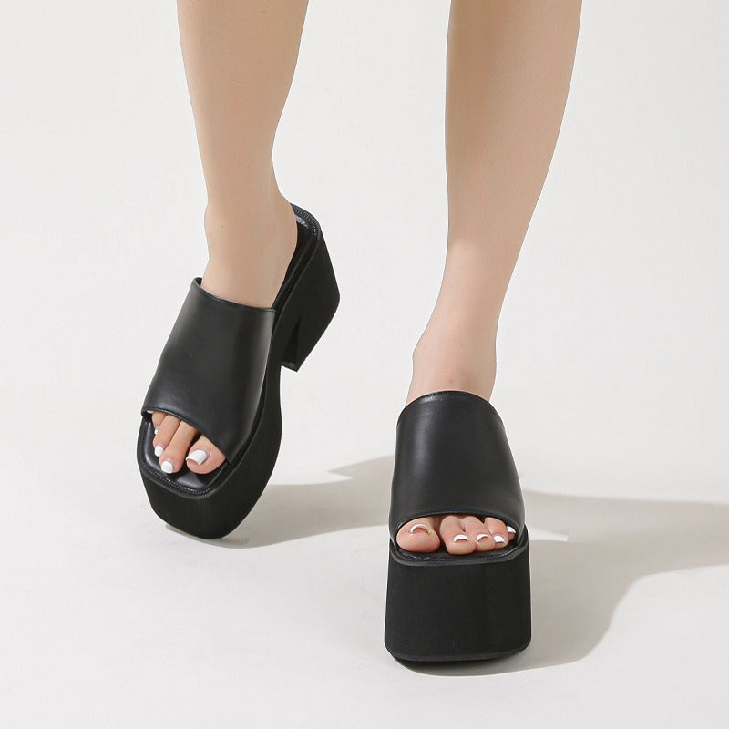 Square Toe Platform Slippers Sandals Street Style Summer Club High Heels Fashion Women Shoes