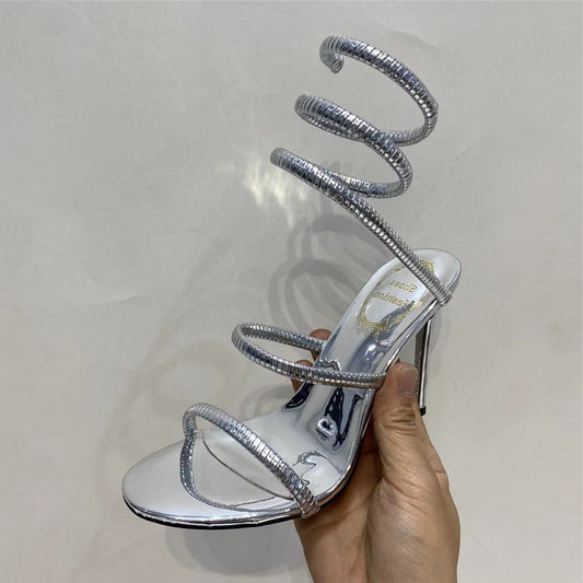 Gold Snake Winding Crystal Heels Women Sexy Stiletto Round Toe Sandals