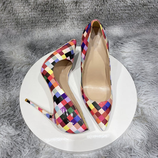NoEnName_Null-multicolor Plaid high heels, Gladiator shoes, no laces, wedding, sizes 45, 12, 10 and 8 cm