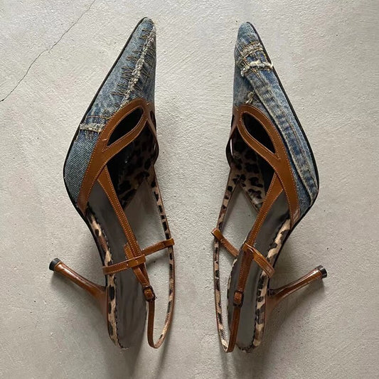 Denim Blue Pointed Toe Stiletto Sandals Women's Slingback Thin Heels Pumps Sexy Cutouts Office Lady Shoes