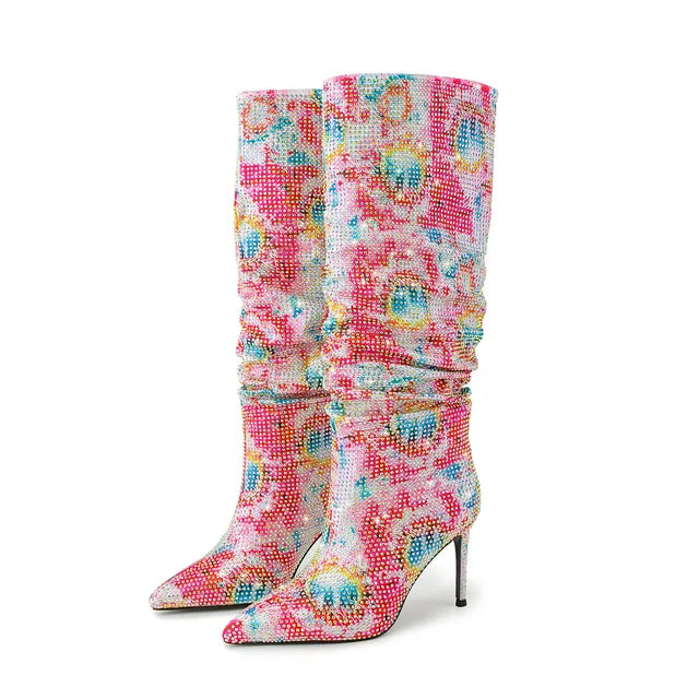 European and American Women's Gradient Rhinestone Boots, Fashionable Pleated Sleeve Boots, Slim High Heels, Large Boots