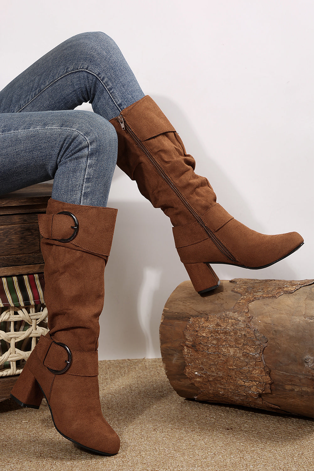 Suede Double Buckled Mid-calf Boots