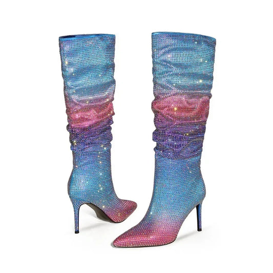 European and American Women's Gradient Rhinestone Boots, Fashionable Pleated Sleeve Boots, Slim High Heels, Large Boots