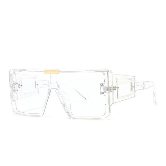 Large frame sunglasses with widened legs and patch sunglasses
