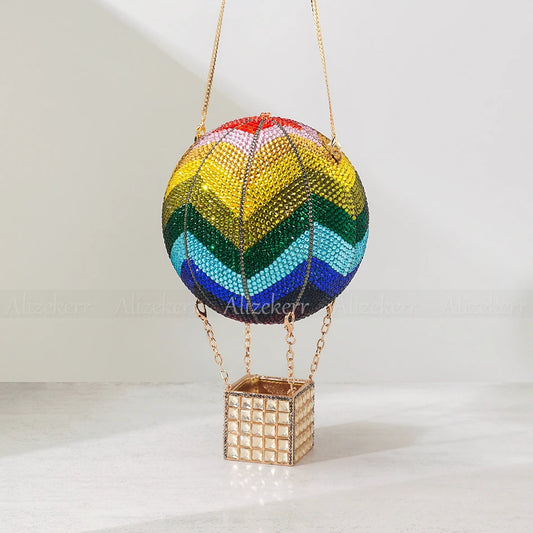 Alizekerr Hot Air Balloon Shaped Diamond Evening Bags Women Designer Unique Circular Rhinestone Evening Purses And Handbags