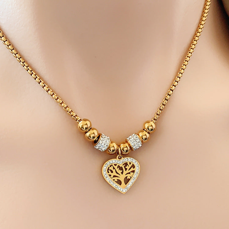 Titanium Steel Heart Tree of Life Rhinestone Necklace
