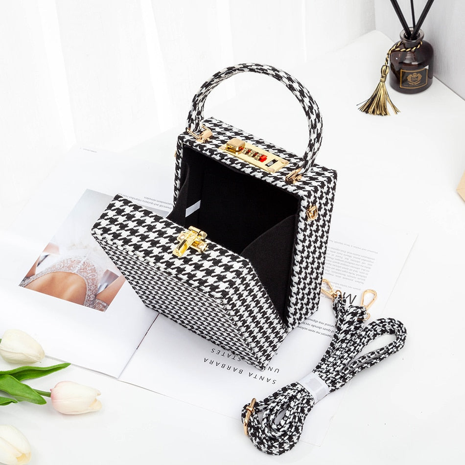 With Code Lock Houndstooth Box Shoulder Bag New Elegant Korean Purses And Handbags Female Big Square Crossbody Retro Bag
