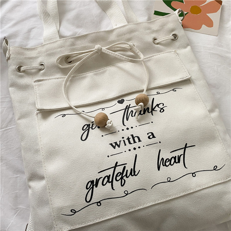 Japanese Style Letters Fresh Canvas Shoulder Bag New Student Large Capacity Drawstring Backpack Messenger Bag