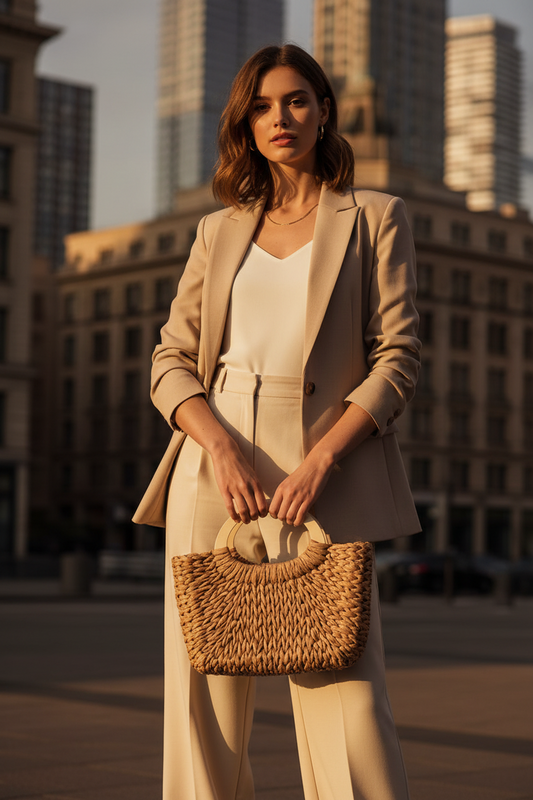 Camel Retro Straw Woven Handle Bag