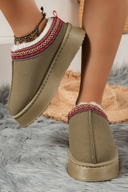 Contrast Print Suede Plush Lined Platform Slippers