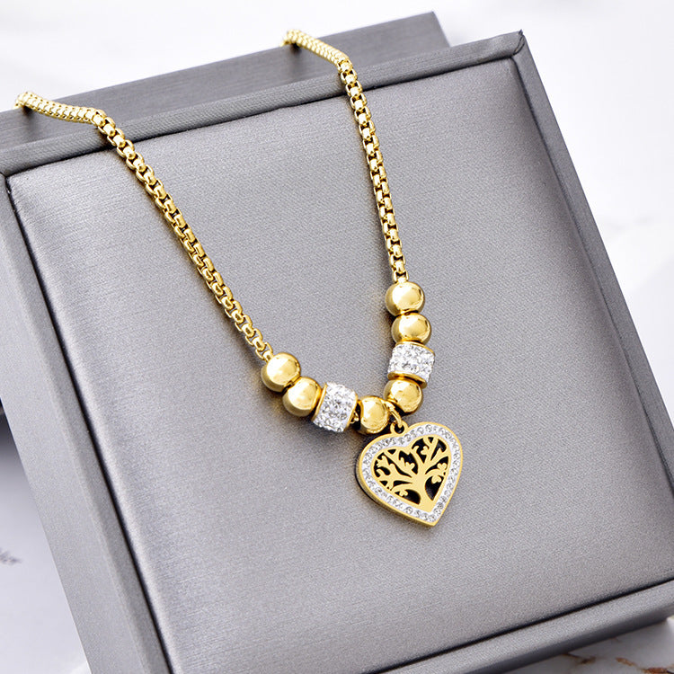 Titanium Steel Heart Tree of Life Rhinestone Necklace