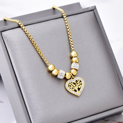 Titanium Steel Heart Tree of Life Rhinestone Necklace