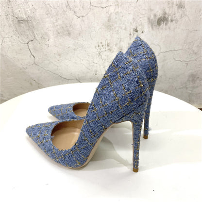 New Woven High Heels 12CM Pointed Toe Stiletto Pumps All-Match Women's Shoes
