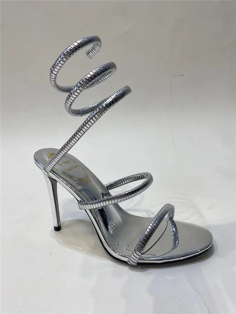 Gold Snake Winding Crystal Heels Women Sexy Stiletto Round Toe Sandals