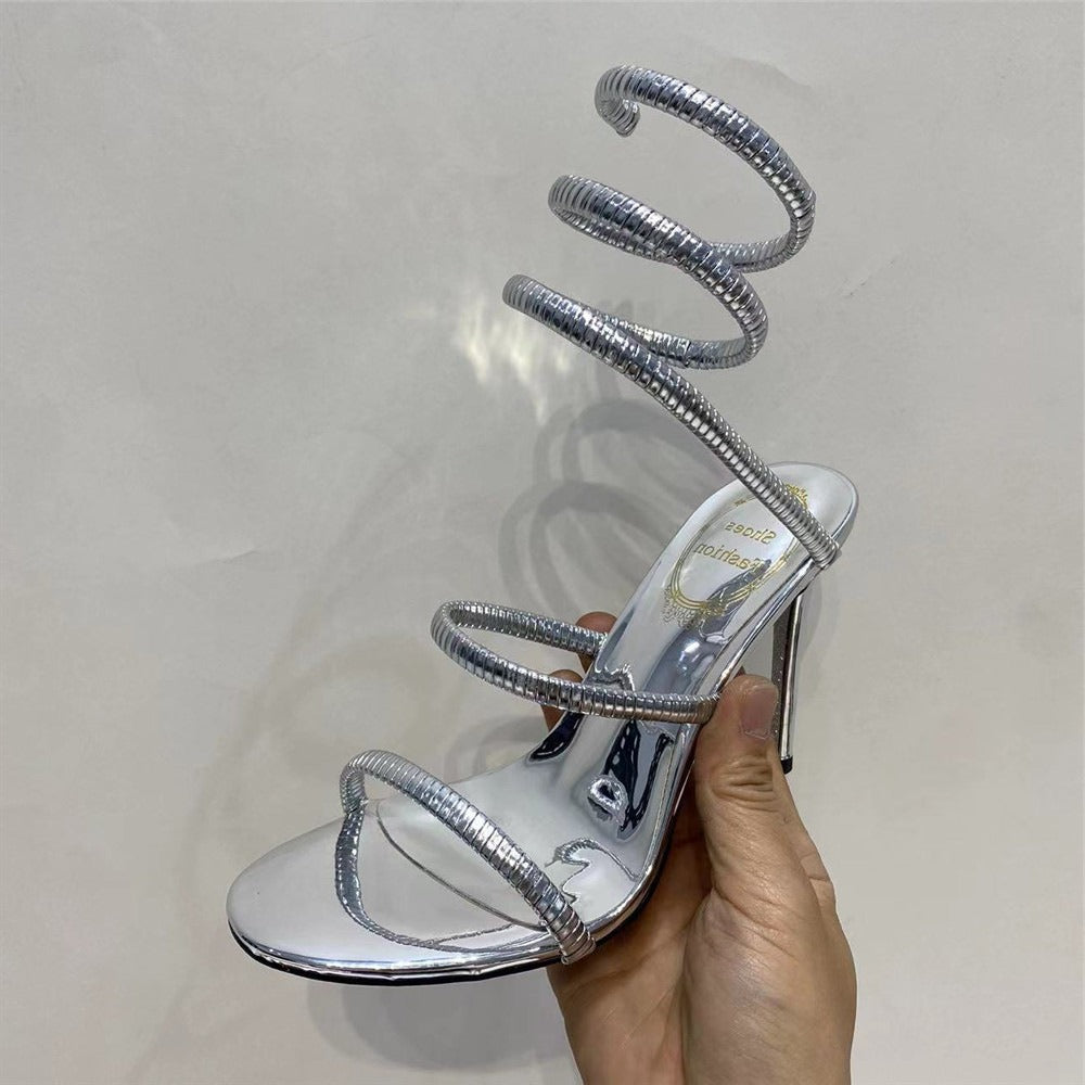 Gold Snake Winding Crystal Heels Women Sexy Stiletto Round Toe Sandals