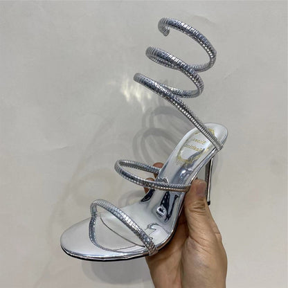 Gold Snake Winding Crystal Heels Women Sexy Stiletto Round Toe Sandals
