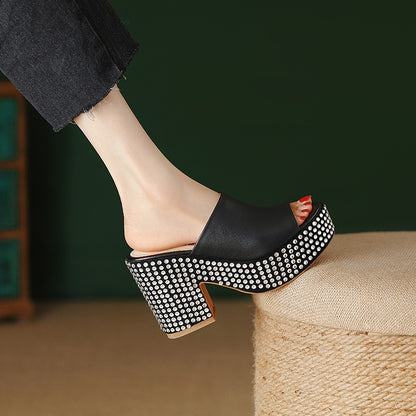 Summer New Waterproof Platform Thick Sole High Heels Shoes Thick Heels Fish Mouth Fashion Shoe Toe Layer Cowhide Water