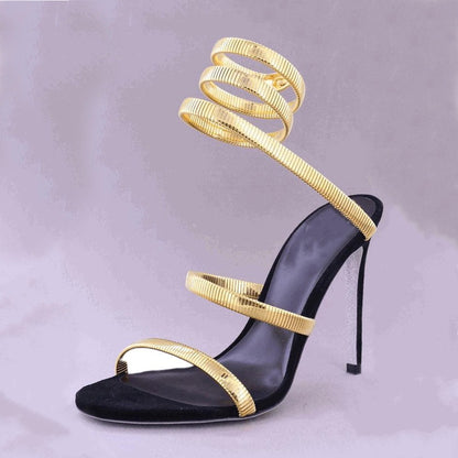 Gold Snake Winding Crystal Heels Women Sexy Stiletto Round Toe Sandals