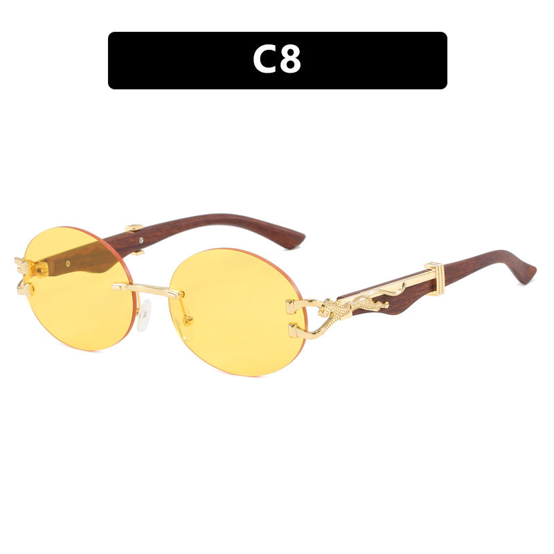 Leopard round frameless cut edge wooden leg sunglasses new sunglasses ins sunglasses for women