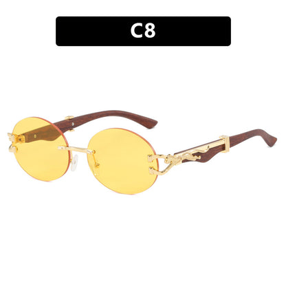 Leopard round frameless cut edge wooden leg sunglasses new sunglasses ins sunglasses for women