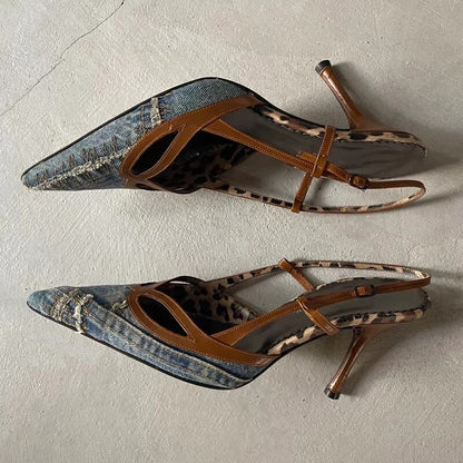 Denim Blue Pointed Toe Stiletto Sandals Women's Slingback Thin Heels Pumps Sexy Cutouts Office Lady Shoes