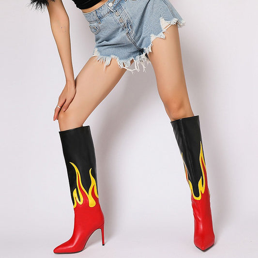 Autumn Women Patchwork Flame Faux Leather Boots Sexy Pointed Toe Stiletto Heels