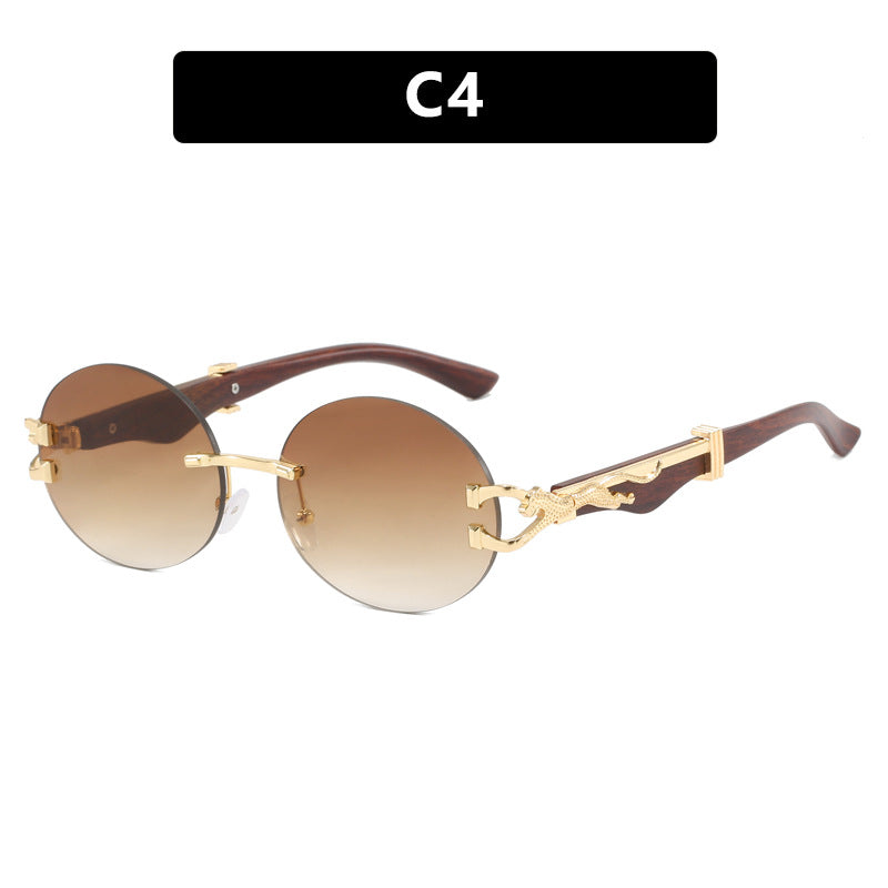 Leopard round frameless cut edge wooden leg sunglasses new sunglasses ins sunglasses for women