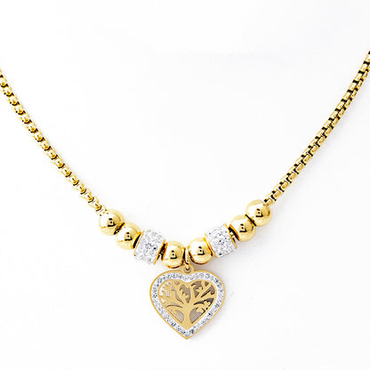 Titanium Steel Heart Tree of Life Rhinestone Necklace