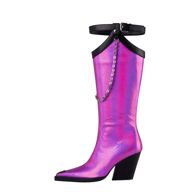 woman autumn winter print leather knee high boots woman punk chains high heels
