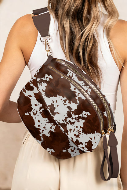 Cow Spots Printed Double Zip Crossbody Bag