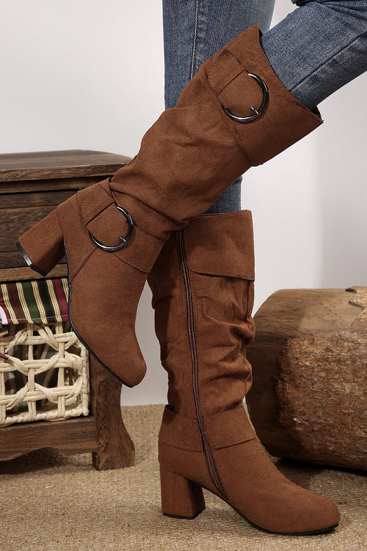 Suede Double Buckled Mid-calf Boots