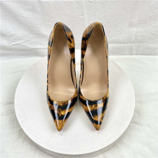 Leopard print patent leather high heels, pointed thin root fashionable women's shoes, single shoes