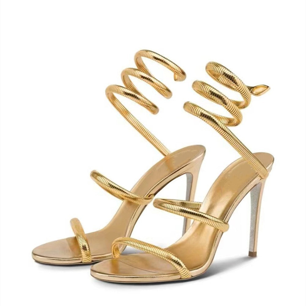 Gold Snake Winding Crystal Heels Women Sexy Stiletto Round Toe Sandals