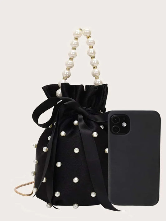 Pearl Detail Solid Color Bucket Bag