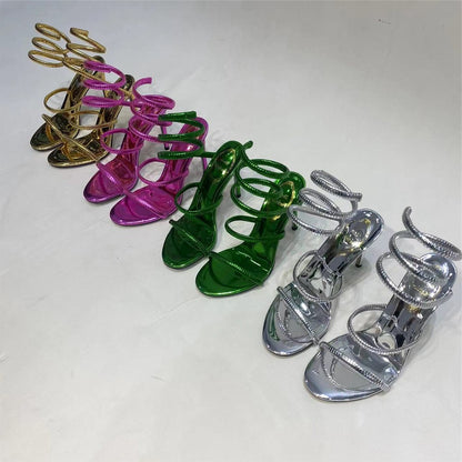Gold Snake Winding Crystal Heels Women Sexy Stiletto Round Toe Sandals