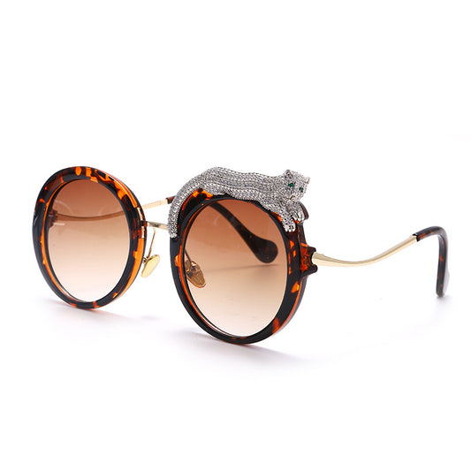 New Leopard Round Frame Metal Texture Sunglasses Personality Trend Fashion Sunglasses