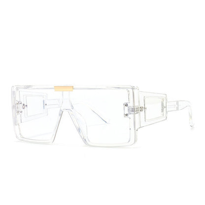 Large frame sunglasses with widened legs and patch sunglasses