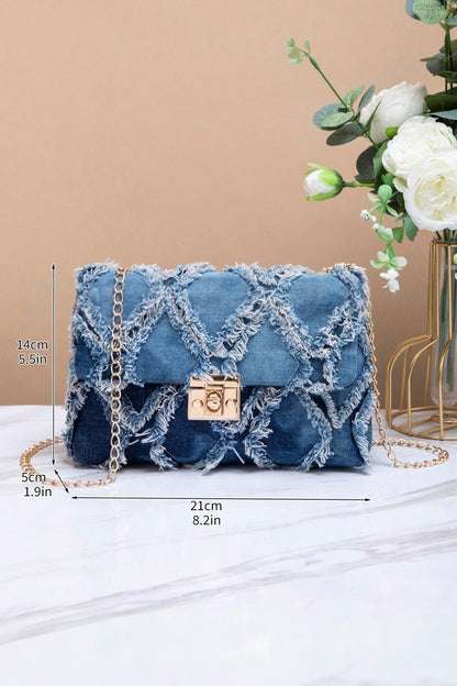 Distressed Lattice Denim Shoulder Bag