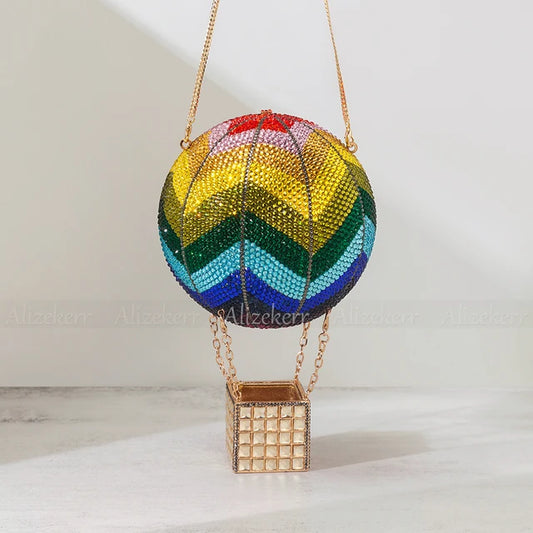 Alizekerr Hot Air Balloon Shaped Diamond Evening Bags  Women Designer Unique Circular Rhinestone Evening Purses And Handbags