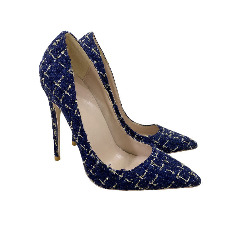 New Woven High Heels 12CM Pointed Toe Stiletto Pumps All-Match Women's Shoes
