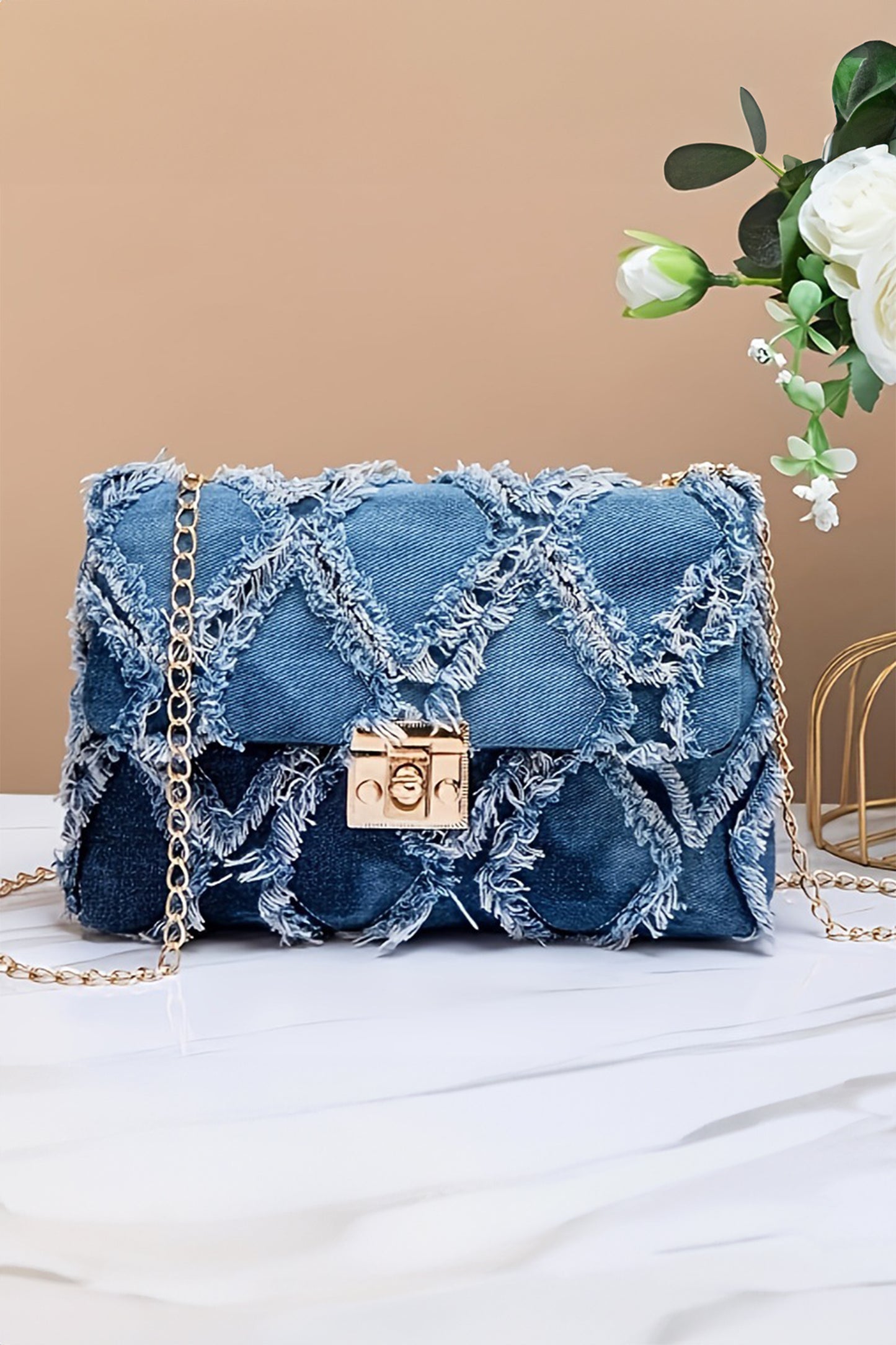 Distressed Lattice Denim Shoulder Bag