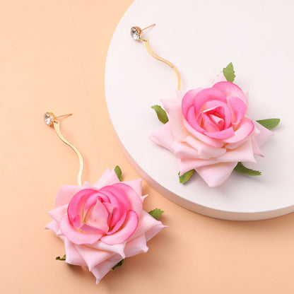 Exaggerated 3D Rose Drop Earrings Bridal Photo Shoot Ear Jewelry Wholesale