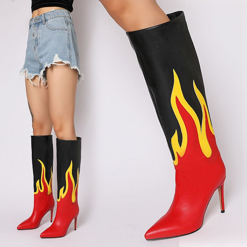 Autumn Women Patchwork Flame Faux Leather Boots Sexy Pointed Toe Stiletto Heels