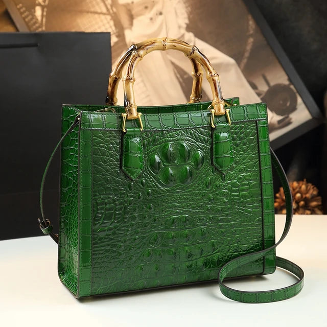 Brand Genuine Leather Bamboo Women's Bag Crocodile Pattern Ladies Handbag Portable Tote Bag Mom Tide Shoulder Messenger Bags