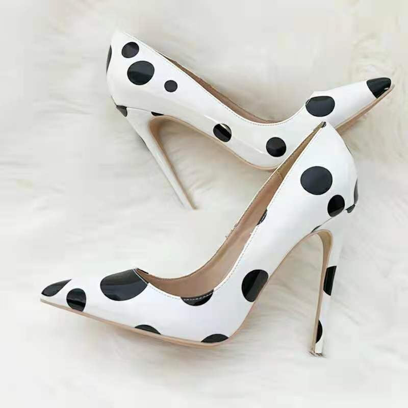Thin heeled low cut solid color pointed yellow polka dot high heels