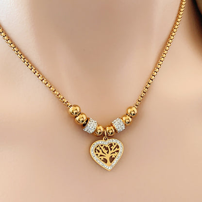 Titanium Steel Heart Tree of Life Rhinestone Necklace
