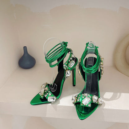 Fashionable cross strap rhinestones with exposed toes and high heels sandals