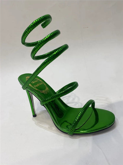 Gold Snake Winding Crystal Heels Women Sexy Stiletto Round Toe Sandals