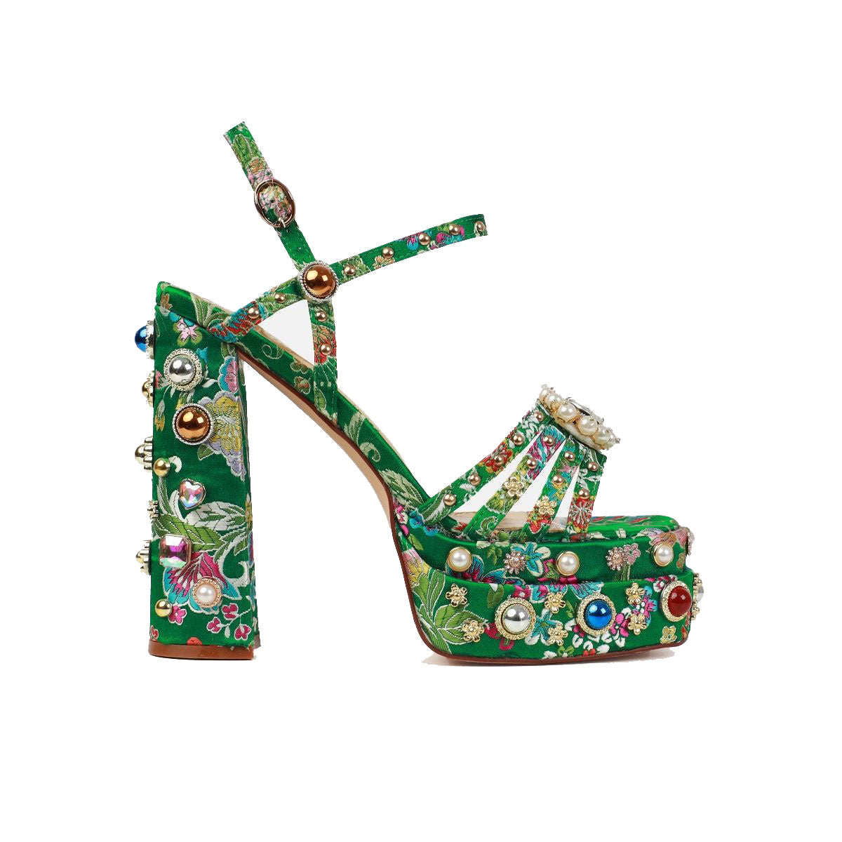 Women Rhinestone Platform Sandals Embroidered Fabric Chunky High Heels Sandals Square Toe Gemstones Sandalias