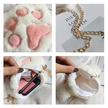 Cute Bear Paw Girls Chain Zipper Shoulder Bag Lovely Children's Soft Plush Coin Purse Baby Boys Accessories Small Crossbody Bags